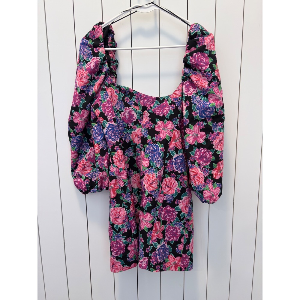 Zara Mini Dress Womens Medium Black Pink Floral Puff Sleeve Cottagecore Romantic
